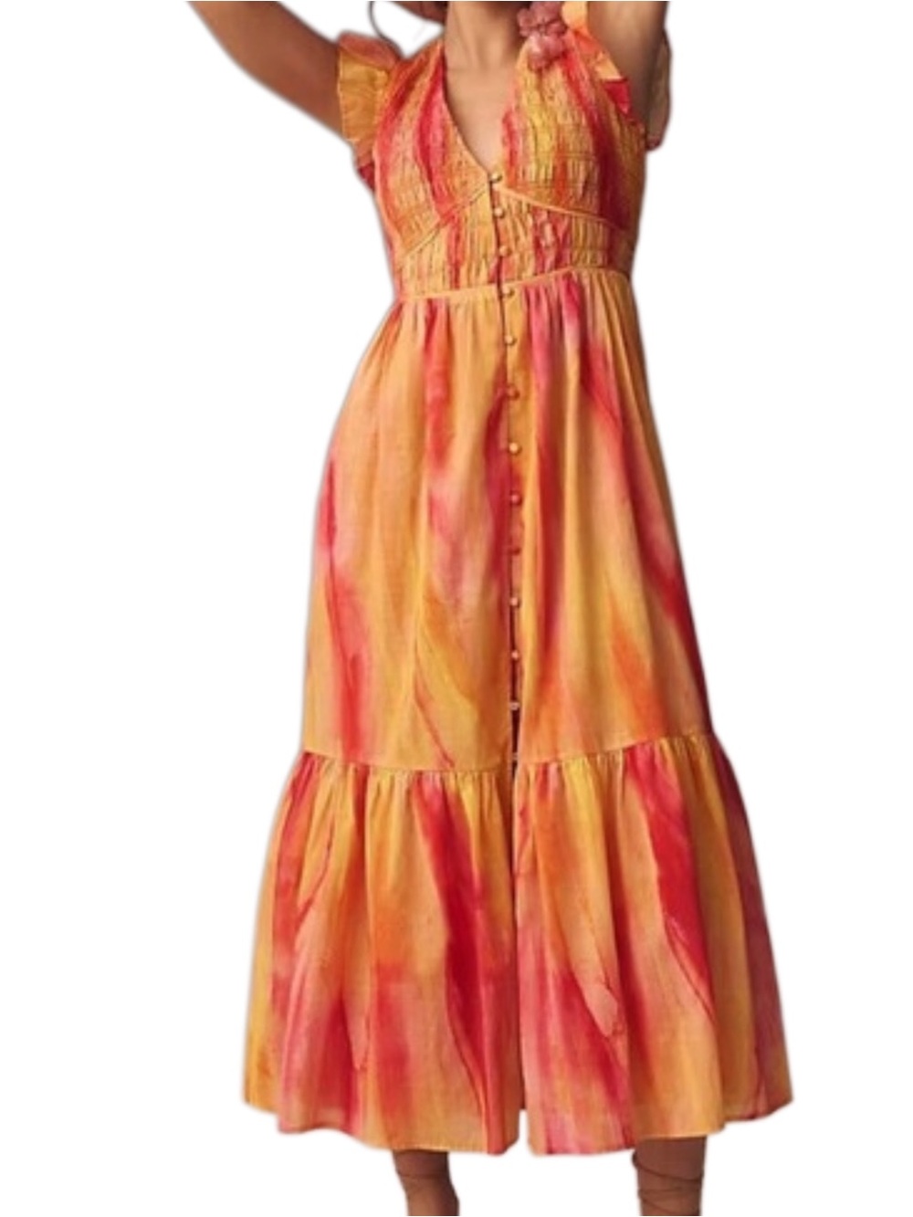 Anthropologie The Peregrine Smocked Tie Dye Ruffled Midi Dress Size M